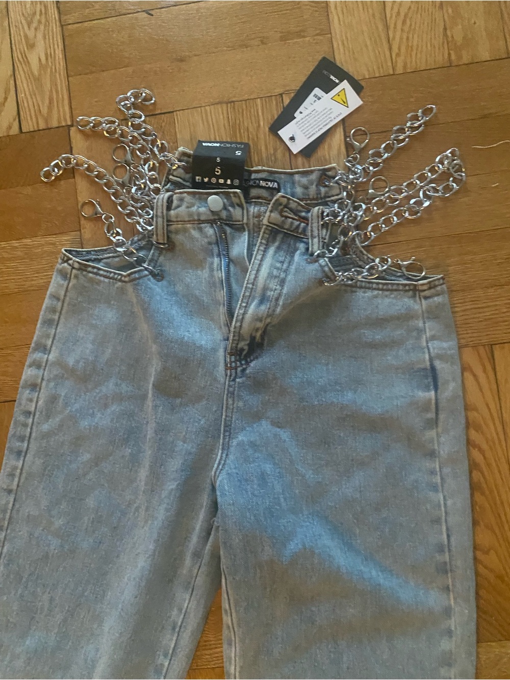 Fashion Nova Light Blue Denim Jeans with Silver Chain Detail